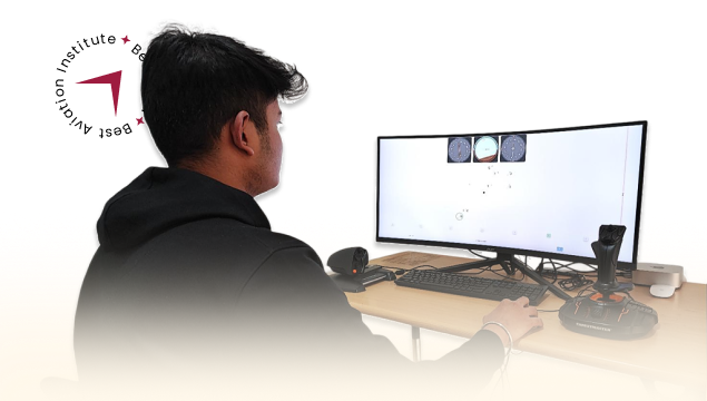 COMPASS Exam for Pilot Preparation by a Student sitting infront of simulators